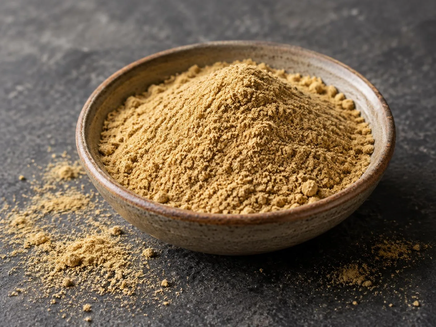 Finely ground pale golden coriander powder in a ceramic bowl