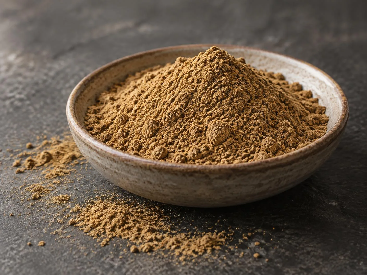 Finely ground brown cumin powder in a ceramic bowl