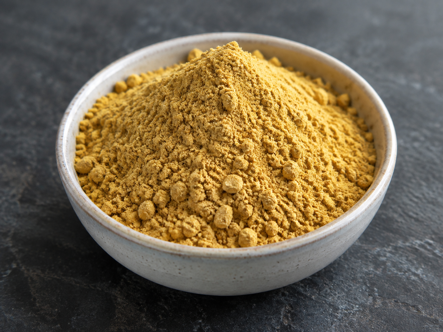 Natural ground fenugreek powder in a ceramic bowl