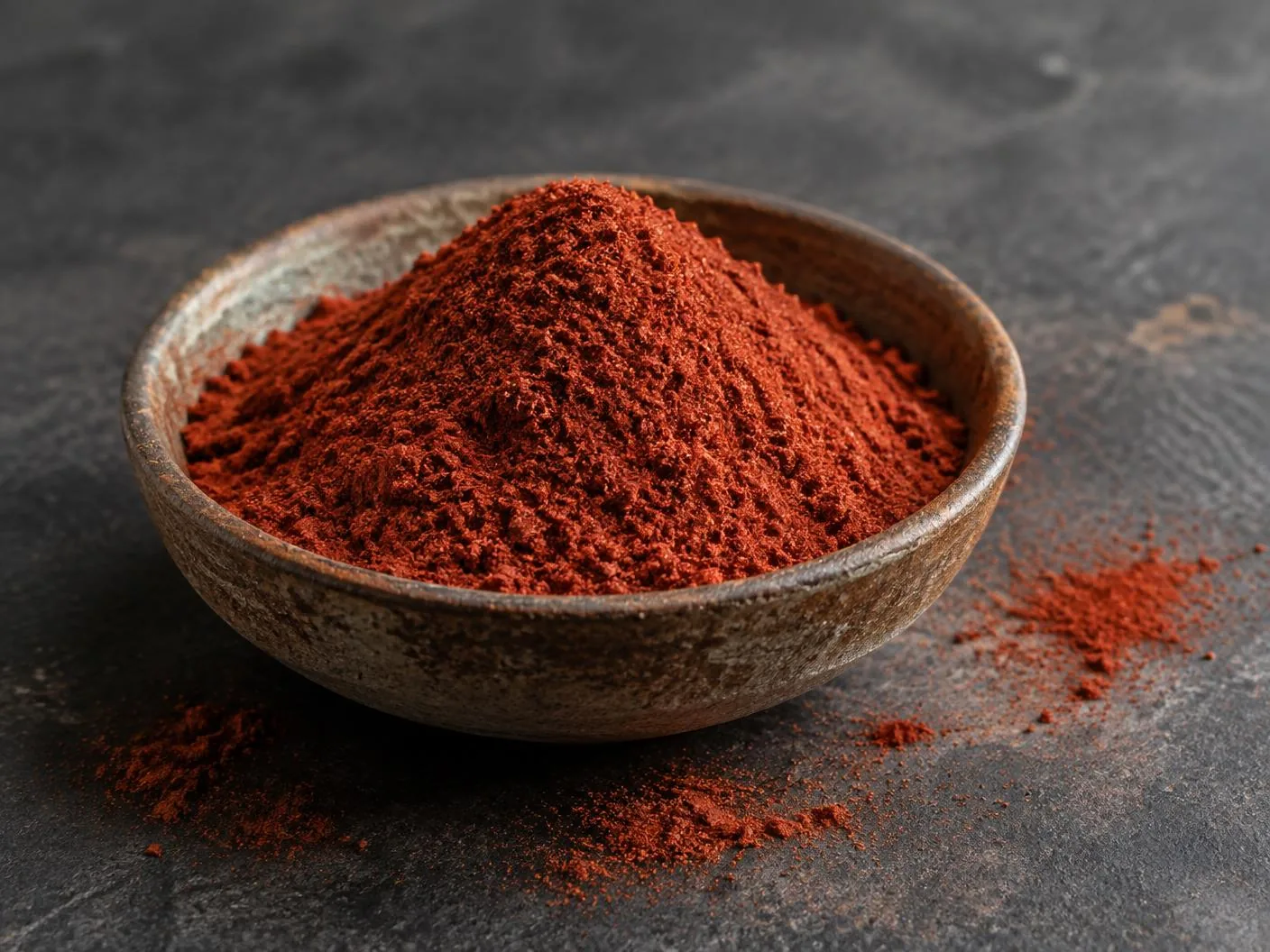 Finely ground brick-red chilli powder in a ceramic bowl