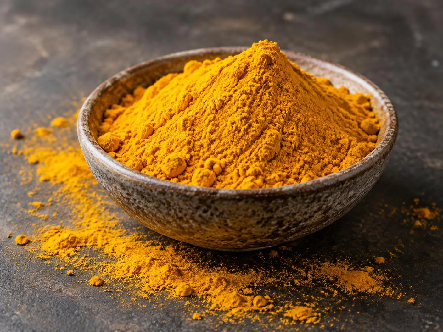 Finely ground golden turmeric powder in a ceramic bowl